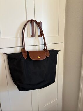 Longchamp Le Pliage Black Tote Bag with Brown Trim - Classic Everyday Carry